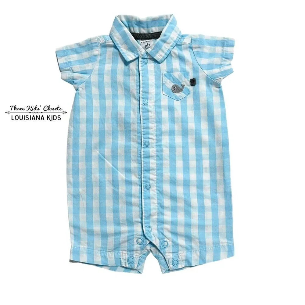 Carter's NB Newborn Light Blue Gingham Plaid Romper